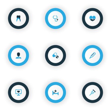 Antibiyotik renkli simgeler kümesi. Tıbbi veri, koltuk değneği, klinik ve diğer öğeleri koleksiyonu. Ayrıca tablet, pençe, doktor gibi simgeler içerir.