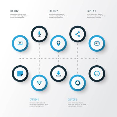 Medya renkli simgeler kümesi. Sosyal Web, gülümseme, konum ve diğer öğeleri koleksiyonu. Ayrıca sembolleri içerir gibi ayar, yayımlamak, Emoji.