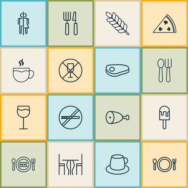Restoran Icons Set. Çatal bıçak takımı, yemek odası, Stop duman ve diğer öğeleri koleksiyonu. Ayrıca bitki, sorbe, Pizza gibi simgeler içerir.