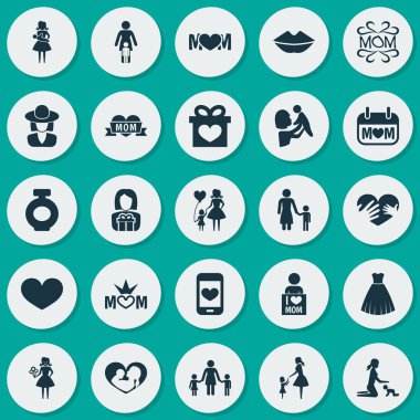 Anneler günü simgesi tasarım konsepti. Anne, gece elbisesi ve tatil 25 gibi öğeleri kümesi. Dudaklar, ben ve tatil için güzel sembolleri.