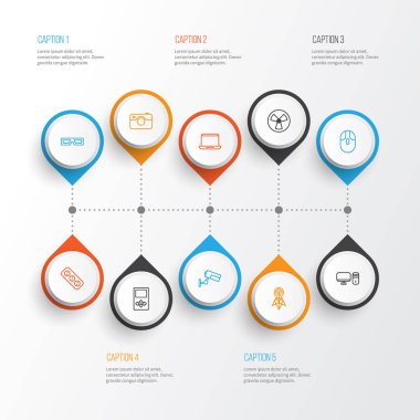 Donanım simgeleri ayarlayın. Havalandırma, defter, gözetim ve diğer öğeleri koleksiyonu. Ayrıca müzik, Laptop, anten gibi simgeler içerir.