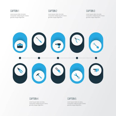 Handtools renkli simgeler kümesi. Testere, kelepçe, onarım ve diğer öğeleri koleksiyonu. Ayrıca araç, onarım, elektrik gibi simgeler içerir.