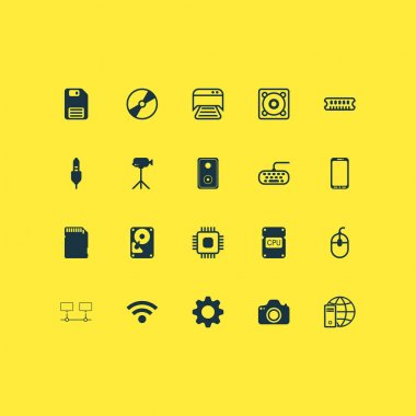 Donanım simgeleri ayarlayın. Cd-Rom, Cpu, Chip ve diğer öğeleri koleksiyonu. Ayrıca bas, bağlantı, Dskette gibi simgeler içerir.