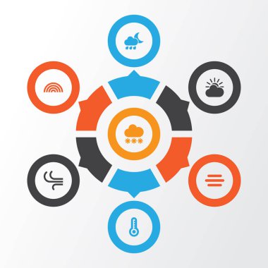 İklim Icons Set. Koleksiyon renkleri, pus, güneş-bulut ve diğer öğeler. Da içeren sembolleri gibi sıcak, sıcaklık, pus.