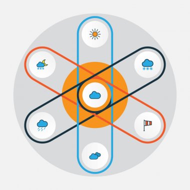 İklim renkli anahat simgelerini belirlemek. Bayrak, bulutlu gün, bulutlu hava durumu ve diğer öğeleri koleksiyonu. Ayrıca kar, Moon, bayrak gibi simgeler içerir.