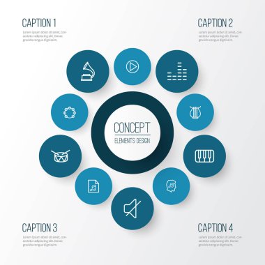 Müzik anahat simgelerini belirlemek. Timbrel, ekolayzer, daire ve diğer öğeleri koleksiyonu. Da içeren sembolleri gibi sessiz, gramofon, sesler.