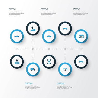 Araba renkli simgeler kümesi. Hız göstergesi, elektrikli otomobil, kamyonet ve diğer öğeleri koleksiyonu. Ayrıca Chronometre, Cabriolet, kamyon gibi simgeler içerir.