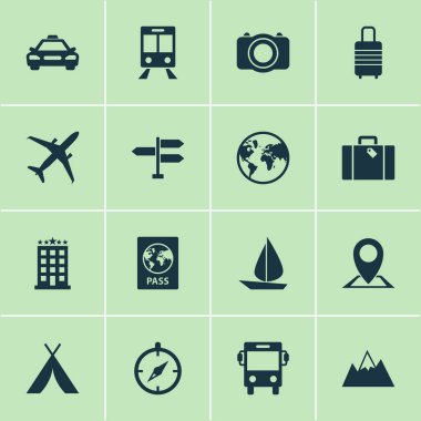Icons Set seyahat. Mount, yön, sertifika ve diğer öğeleri koleksiyonu. Ayrıca uçak, Bagaj, demiryolu gibi simgeler içerir.