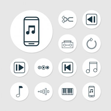 Multimedya simgeler kümesi. Koleksiyon sıklığı, nota anahtarı, arka ve diğer öğeleri şarkı çalıştırın. Kaset, tekrarlama, rasgele gibi semboller de içerir.