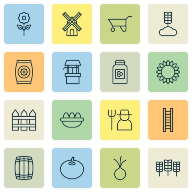 Çiftlik Icons Set. El arabası, fıçı, turp ve diğer öğeleri koleksiyonu. Ayrıca ayçiçeği, koruma, tahıl gibi simgeler içerir.