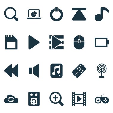 Müzik simgeler kümesi. Kontrol cihazı, sessizlik, boş akü ve diğer öğeleri koleksiyonu. Dosya, enerji, Zoom gibi semboller de içerir.