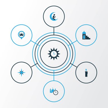 Tatil renkli simgeler ayarlayın. Yangın balmumu, Namaz, yönünü ve diğer öğeleri koleksiyonu. Ayrıca Mimbar, sanatı seven, dua gibi simgeler içerir.