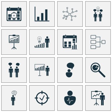 Yetki Icons Set. Onaylanmış hedef, karar verme, çubuk grafik ve diğer öğeleri koleksiyonu. Ayrıca proje, gol, grafik gibi simgeler içerir.