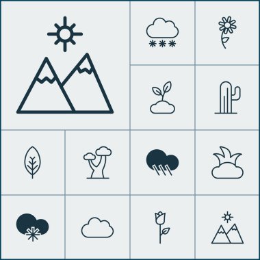 Doğa Icons Set. Meşe, yağmur damlası, aşk çiçek ve diğer öğeleri koleksiyonu. Ayrıca kar, Sevgililer, kabartma gibi simgeler içerir.