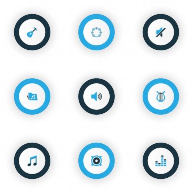 Multimedya renkli simgeler kümesi. Mikser, klasör, Not ve diğer öğeleri koleksiyonu. Ayrıca hoparlör, Not, mikser gibi simgeler içerir.