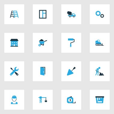 İnşaat renkli simgeler kümesi. Dişli, cam, işçi ve diğer öğeleri koleksiyonu. Ayrıca Barrow, metre, bina gibi simgeler içerir.