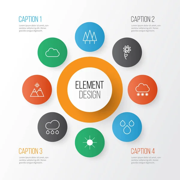 Ensemble d'icônes harmoniques. Collection de tempête de neige, gouttes d'eau, soleil et autres éléments. Comprend également des symboles tels que fleur, lumière du soleil, marguerite . — Image vectorielle