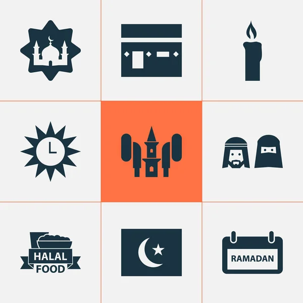 Dovolená ikony nastavení. Sbírka Kareem, jídlo, hodin a dalších prvků. Zahrnuje také symboly, například Azan, vlajka, muslimové. — Stockový vektor