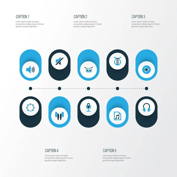 Zestaw multimedialny kolorowe ikony. Kolekcja zestaw słuchawkowy, Play, listy odtwarzania i inne elementy. Również zawiera symbole, takie jak wyciszenie mikrofonu, Uwaga,. — Wektor stockowy
