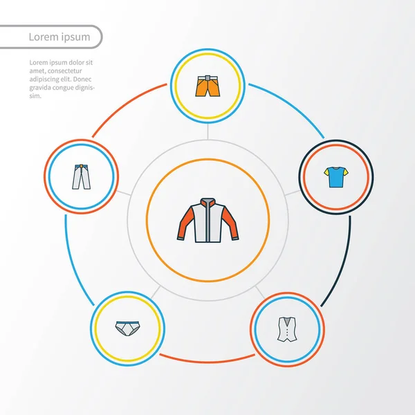 Giysi renkli anahat simgeler kümesi. Yelek, şort, pantolon ve diğer öğeleri koleksiyonu. Ayrıca tunik, rüzgarlık, yelek gibi simgeler içerir.