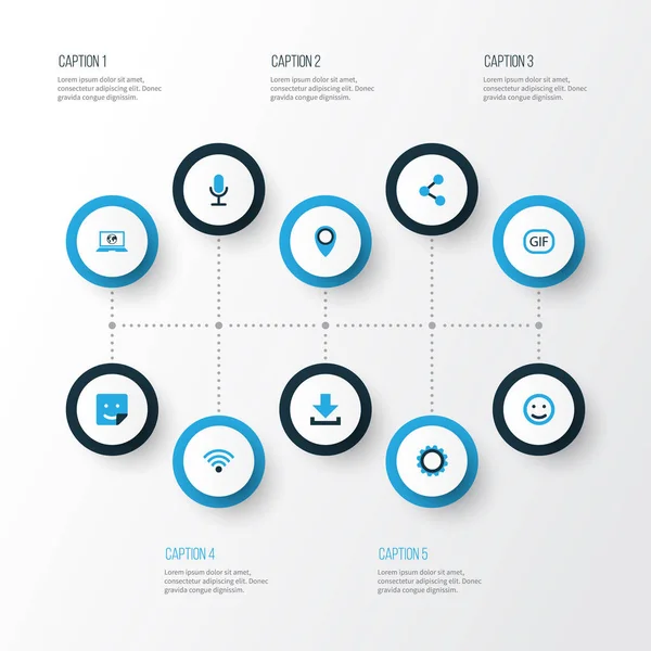 Medya renkli simgeler kümesi. Sosyal Web, gülümseme, konum ve diğer öğeleri koleksiyonu. Ayrıca sembolleri içerir gibi ayar, yayımlamak, Emoji.