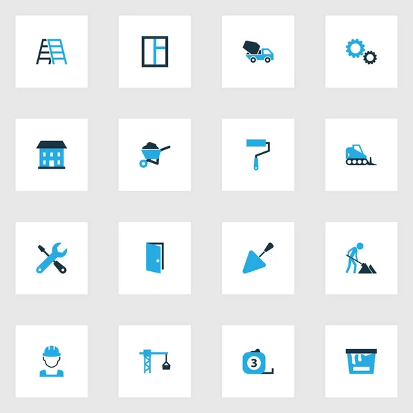 Építés színes ikonok beállítása. Felszerelés, pohár, munkavállaló és egyéb elemek gyűjteménye. Magában foglalja a jeleket, mint például a Barrow, mérő, épület. — Stock Vector