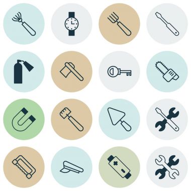 Aparatı Icons Set. Macun, Tomahawk, anahtar ve diğer öğeleri koleksiyonu. Ayrıca testere, İngiliz anahtarı, şapka gibi simgeler içerir.