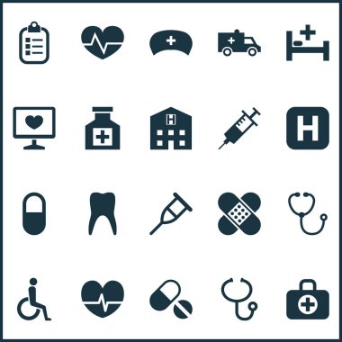 Antibiyotik Icons Set. Otobüs, özürlü, bandaj öğeler topluluğu. Ayrıca hastane, çantası, bandaj gibi simgeler içerir.