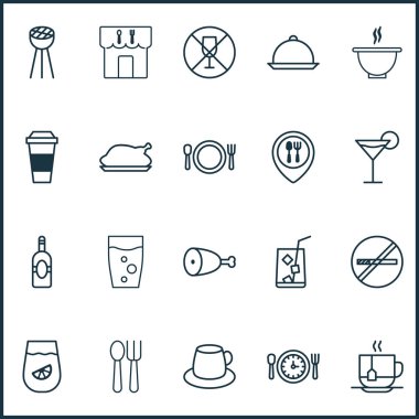 Icons Set yemek. Kahve fincanı, kase, Stop duman ve diğer öğeleri koleksiyonu. Ayrıca çatal, cam, kahve gibi simgeler içerir.