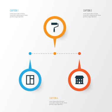 İnşaat Icons Set. Cam Çerçeve, boya silindiri, ev ve diğer öğeleri koleksiyonu. Ayrıca çerçeve, boya, silindir gibi simgeler içerir.