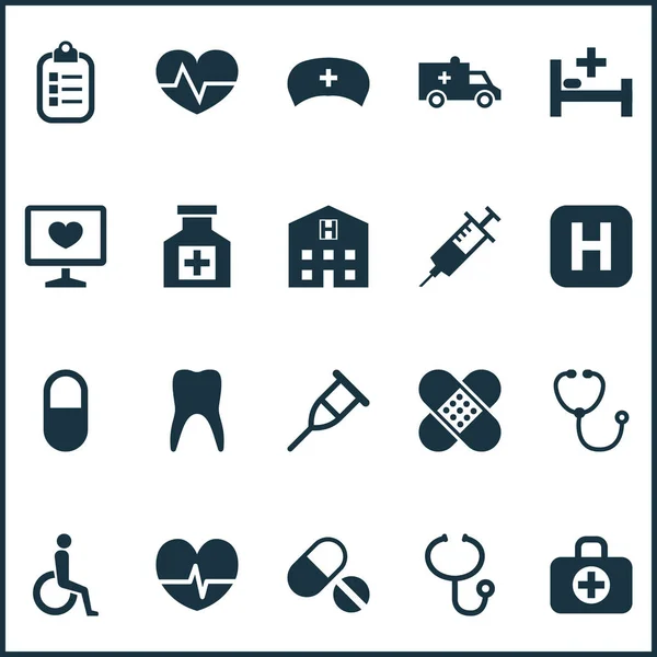 Icone antibiotiche impostate. Collezione di autobus, handicappati, elementi di fasciatura. Include anche simboli come ospedale, borsa, fasciatura . — Vettoriale Stock