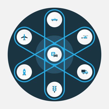 Taşıma renkli simgeler kümesi. Park, uçak, trafik ışığı ve diğer öğeleri koleksiyonu. Ayrıca, helikopter, kamyon, kamyon gibi simgeler içerir.