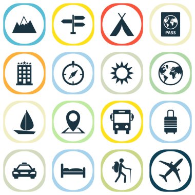 Keşif Icons Set. Şekerleme yapmak, yön, gezgin ve diğer öğeleri koleksiyonu. Ayrıca toprak, Kip, adam gibi simgeler içerir.