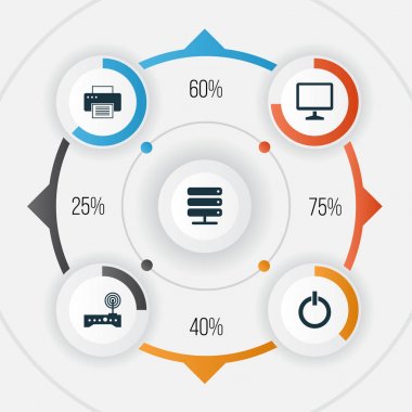 Dijital Icons Set. Baskı makinesi, gücüyle, yönlendirici ve diğer öğeleri koleksiyonu. Ayrıca ekran, düğme, sunucu gibi simgeler içerir.