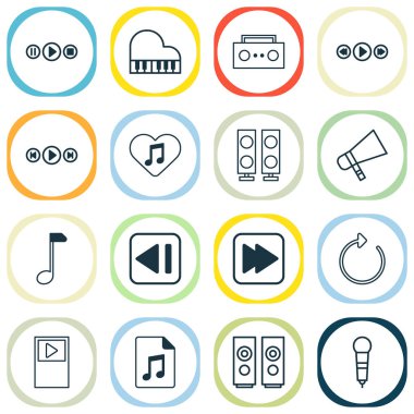 Müzik simgeler kümesi. Sevilen melodi, yeniden yükle, yayın ve diğer gibi simgeleri içerir.