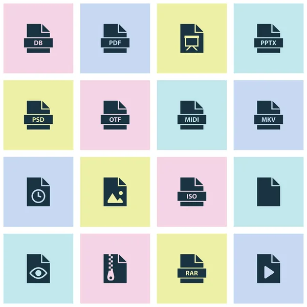 Conjunto de iconos de documento. Incluye iconos como Midi, Presentación, Copia de seguridad y otros . — Archivo Imágenes Vectoriales