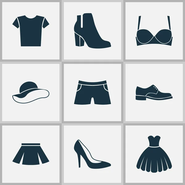 Oblečení sada ikon. Zahrnuje ikony, jako Ženský zimní boty, elegantní pokrývky hlavy, plavání kufr a další. — Stockový vektor