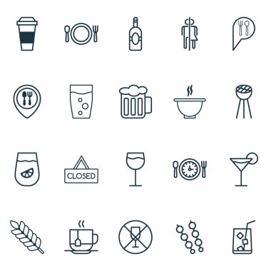 Icons Set limon suyu, bardağı, kokteyl ve diğer Mocha öğeleri ile yemek. Simgeler yeme izole vektör çizim.