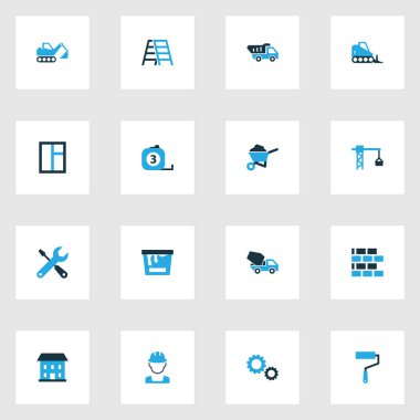 Mimari renkli simgeler Dozer, boya silindiri, cam ve diğer Barrow öğeleri ile ayarlayın. İzole vektör çizim mimari simgeler.