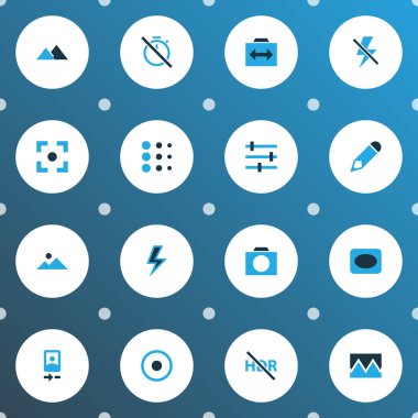 Fotoğraf renkli simgeler ile dağ, daire, fotoğraf ve diğer Hayır Zamanlayıcı öğeleri ayarlayın. İzole vektör çizim fotoğraf simgeler.