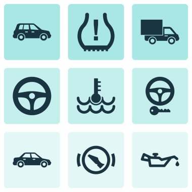 Otomobil, kamyon, direksiyon ile otomobil Icons Set ve direksiyon diğer öğeler. İzole vektör çizim otomobil simgeler.