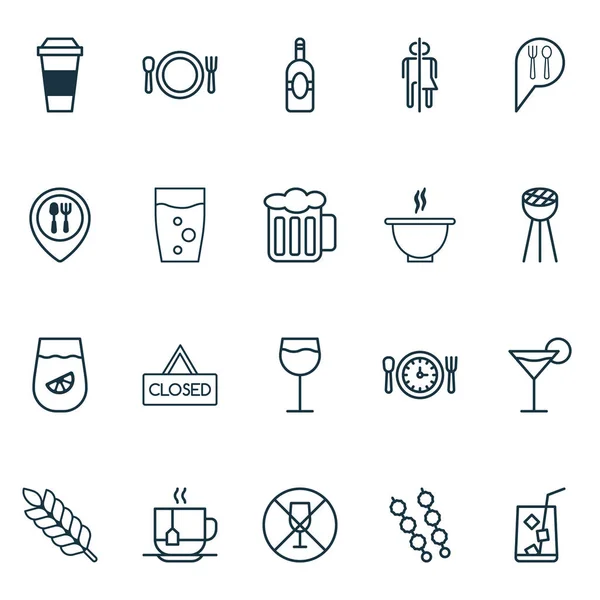 Conjunto de iconos para comer con jugo de limón, vino, cóctel y otros elementos de moca. Ilustración vectorial aislada Comer iconos . — Archivo Imágenes Vectoriales