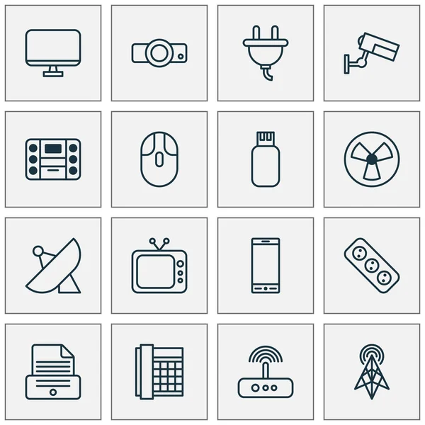 Conjunto de iconos de dispositivo con interruptor, monitor, ventilador y otros elementos de zócalo. Iconos de dispositivo de ilustración vectorial aislado . — Vector de stock