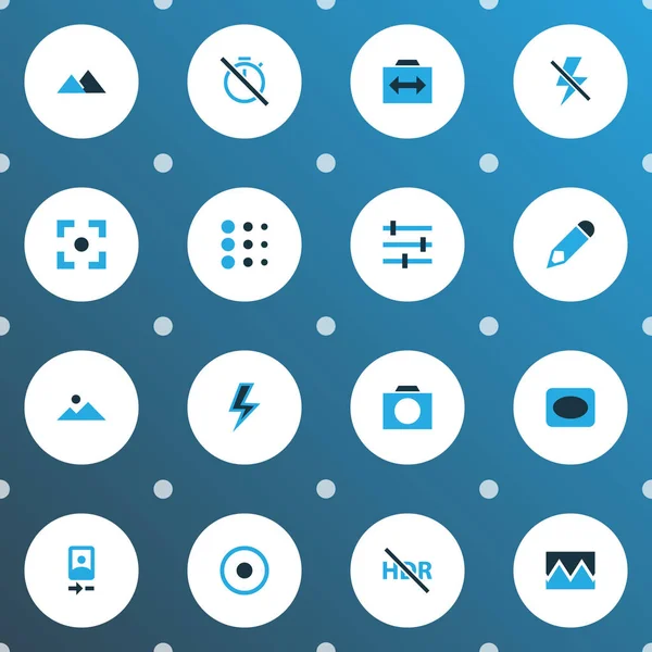 Fotoğraf renkli simgeler ile dağ, daire, fotoğraf ve diğer Hayır Zamanlayıcı öğeleri ayarlayın. İzole vektör çizim fotoğraf simgeler.