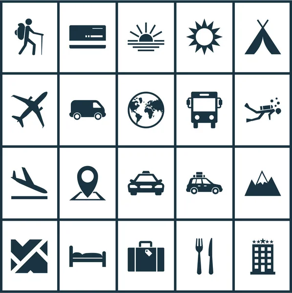 Reise-Symbole mit Karte, Sonnenuntergang, Planet und anderen Doss-Elementen. isolierte Vektor Illustration Reise Symbole. — Stockvektor