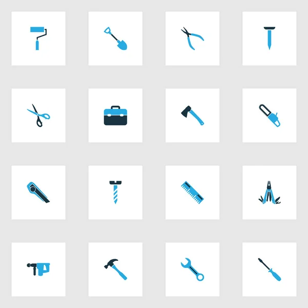 Juego de iconos coloridos de herramientas manuales con tornillo de giro, excavación, tornillo y otros elementos de corte. Iconos aislados de herramientas manuales de ilustración vectorial . — Vector de stock