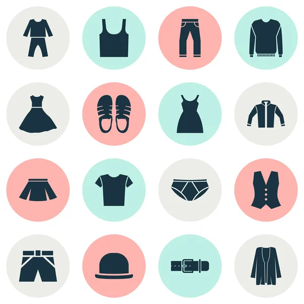 Klä ikoner Set med Panama, linne, stammar trasa och andra Jeans element. Isolerade vektor Illustration klänning ikoner. — Stock vektor