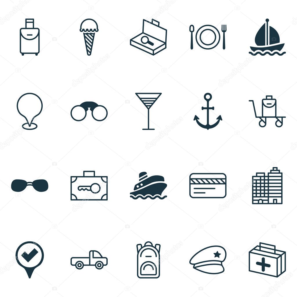 Travel Icons Set With Rucksack, Sail Ship, Eating And Other Ship Hook Elements. Isolated Vector Illustration Travel Icons.