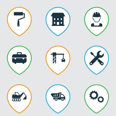 Bina simgeleri ile kamyon, kanca, rulo ve diğer kamyon öğeleri kaldırma ayarla. İzole vektör çizim bina simgeler.