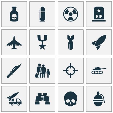 Icons Set füze, bomba, kaçak ve diğer mühimmat öğeleri ile mücadele. İzole vektör çizim mücadele simgeler.